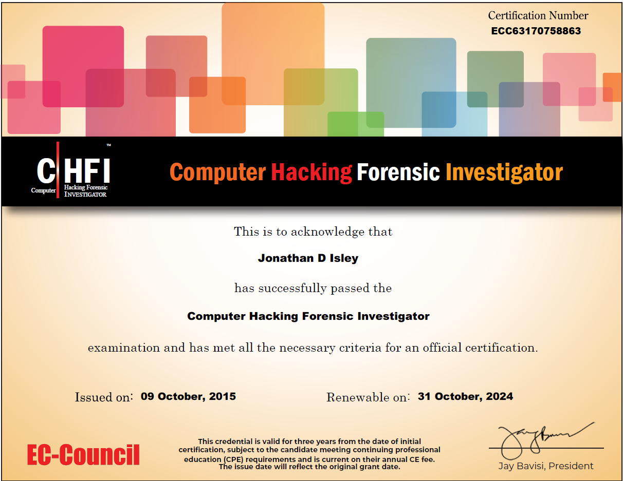 EC-Council Computer Hacking Forensic Investigator (CHFI) Certificate